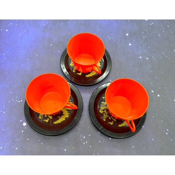 Vintage Irwin Plastic Doll Dishes Set Coffee Tea Japanese Style Black Orange - Picture 6 of 16